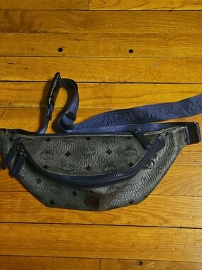 MCM Navy & Dark Grey Logo-Print Leather Belt Bag